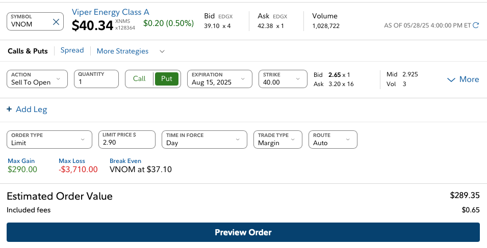 Viper Energy option trading interface screenshot

